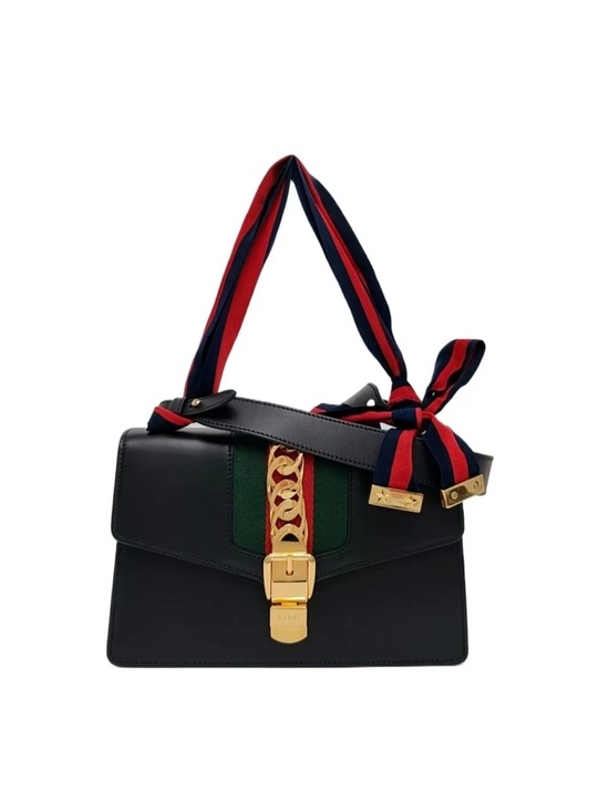 Gucci Handbags - EUC Gucci Black Leather Shoulder Bag with Green Panel & Red-Blue Striped Strap